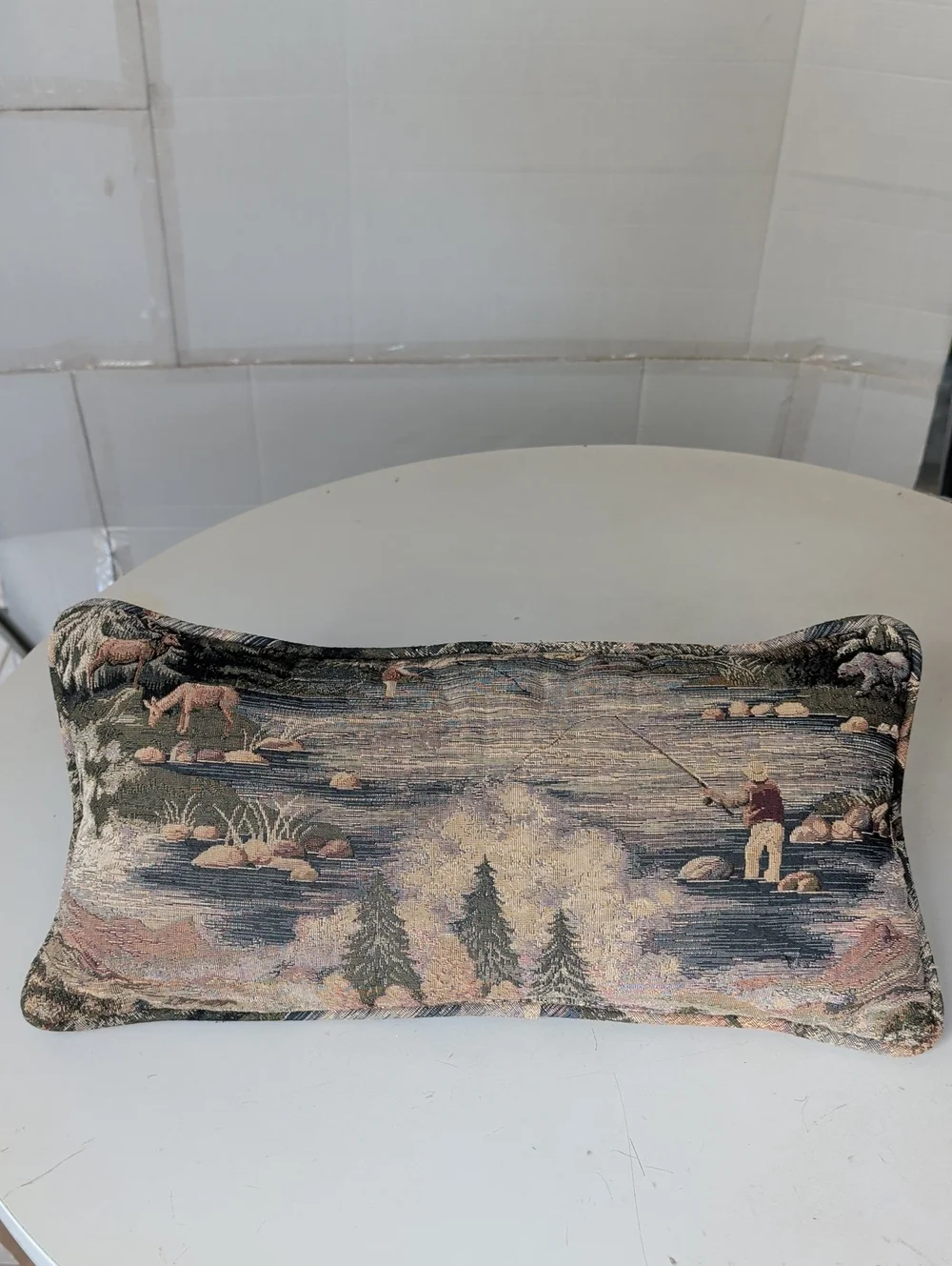 Scenic Fisherman Tapestry Accent Pillow Blue Green Dad Fishing Deer River Nature